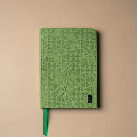 Zeytun - Green Olive — TAKAFA Al Andalus Garden notebook A5 in Zeytun olive green, Italian nubuck leather with debossed Andalusian fruit motifs